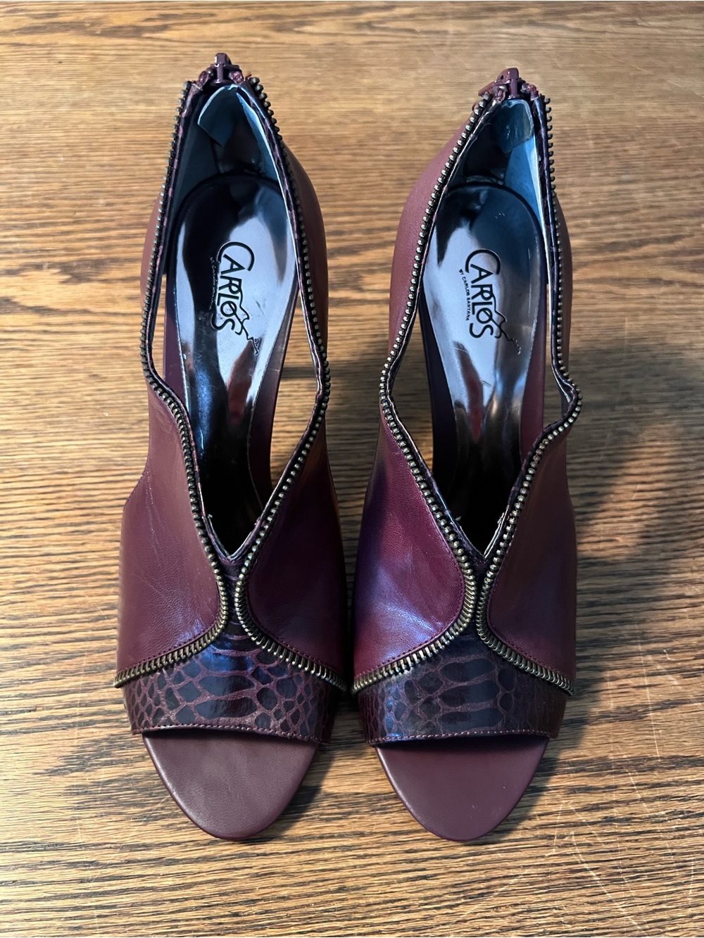 Open-Toe Zip-Trim Heels in Burgundy